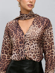 Tie Neck Leopard Print Long Sleeve Blouse