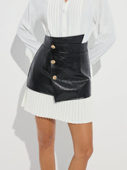Pleated Panel Faux Leather Asymmetric Mini Skirt