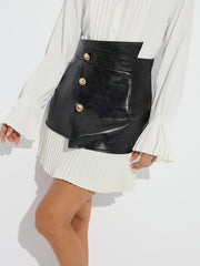 Pleated Panel Faux Leather Asymmetric Mini Skirt