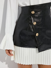 Pleated Panel Faux Leather Asymmetric Mini Skirt