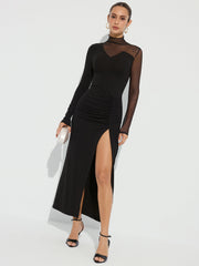 High Slit Ruched Mesh Panel Maxi Dress
