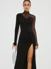 High Slit Ruched Mesh Panel Maxi Dress