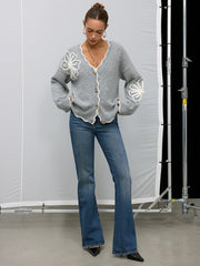 Floral Appliqué Scalloped Edge Wool-Blend Cardigan