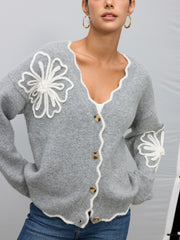 Floral Appliqué Scalloped Edge Wool-Blend Cardigan