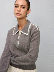 Contrast Embroidered Trim Polo Sweater