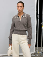 Contrast Embroidered Trim Polo Sweater