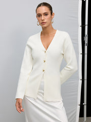 Metal Button V-Neck Knitted Cardigan