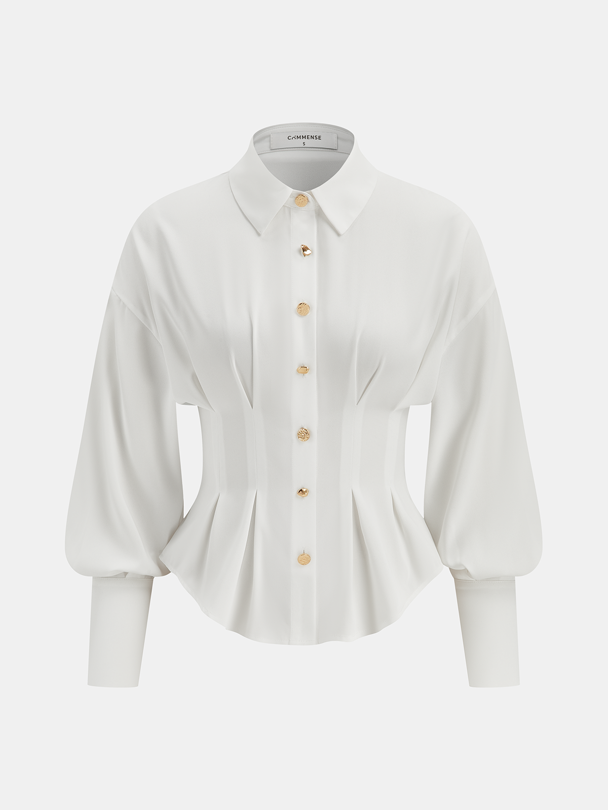 Pleated Cinched Waist Metal Button Blouse