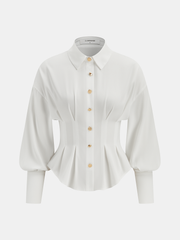 Pleated Cinched Waist Metal Button Blouse