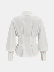 Pleated Cinched Waist Metal Button Blouse