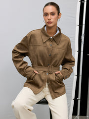 Belted Collared Suede Effect Jacket