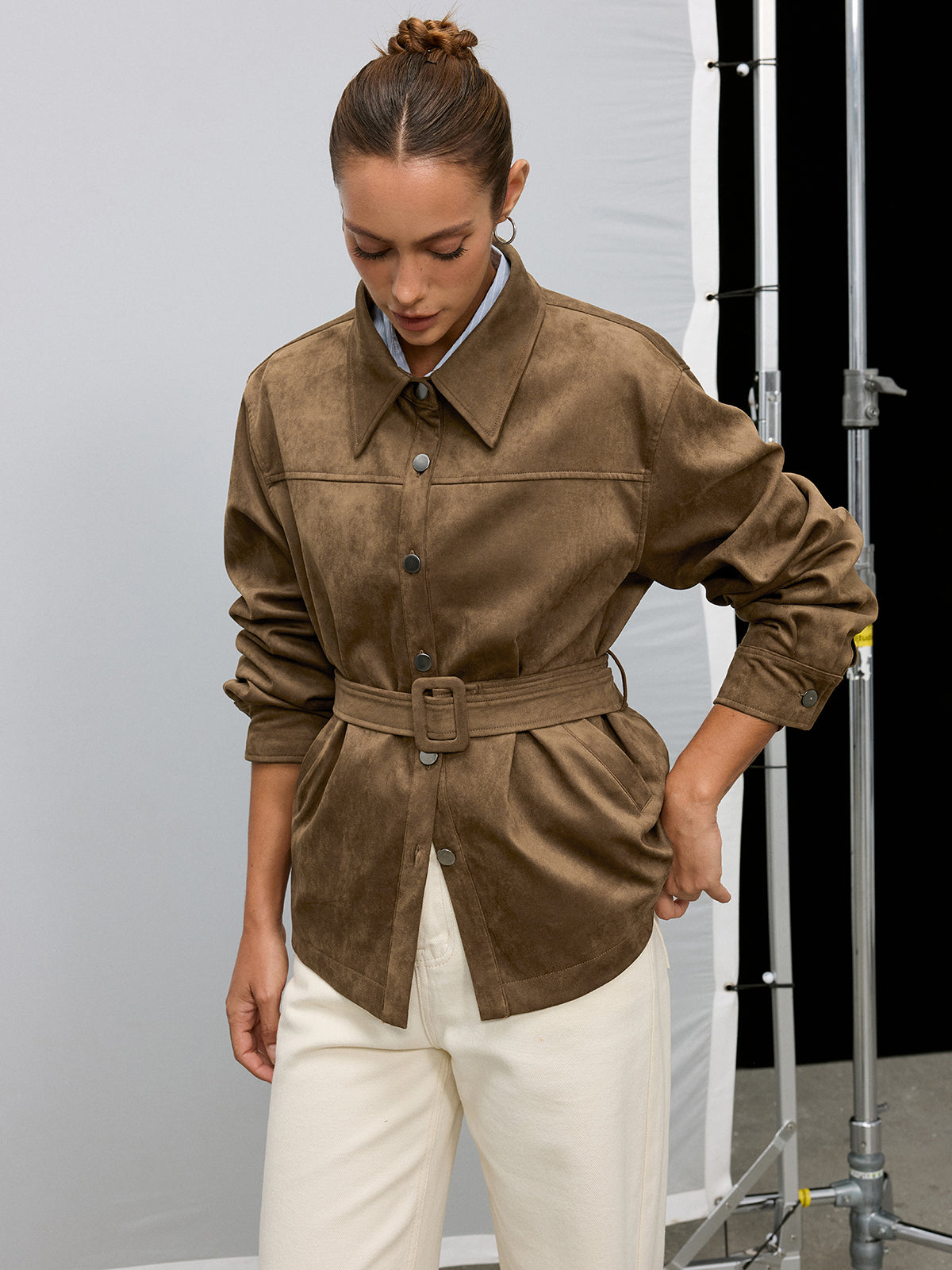 Belted Collared Suede Effect Jacket