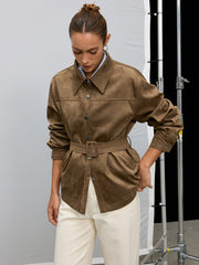 Belted Collared Suede Effect Jacket