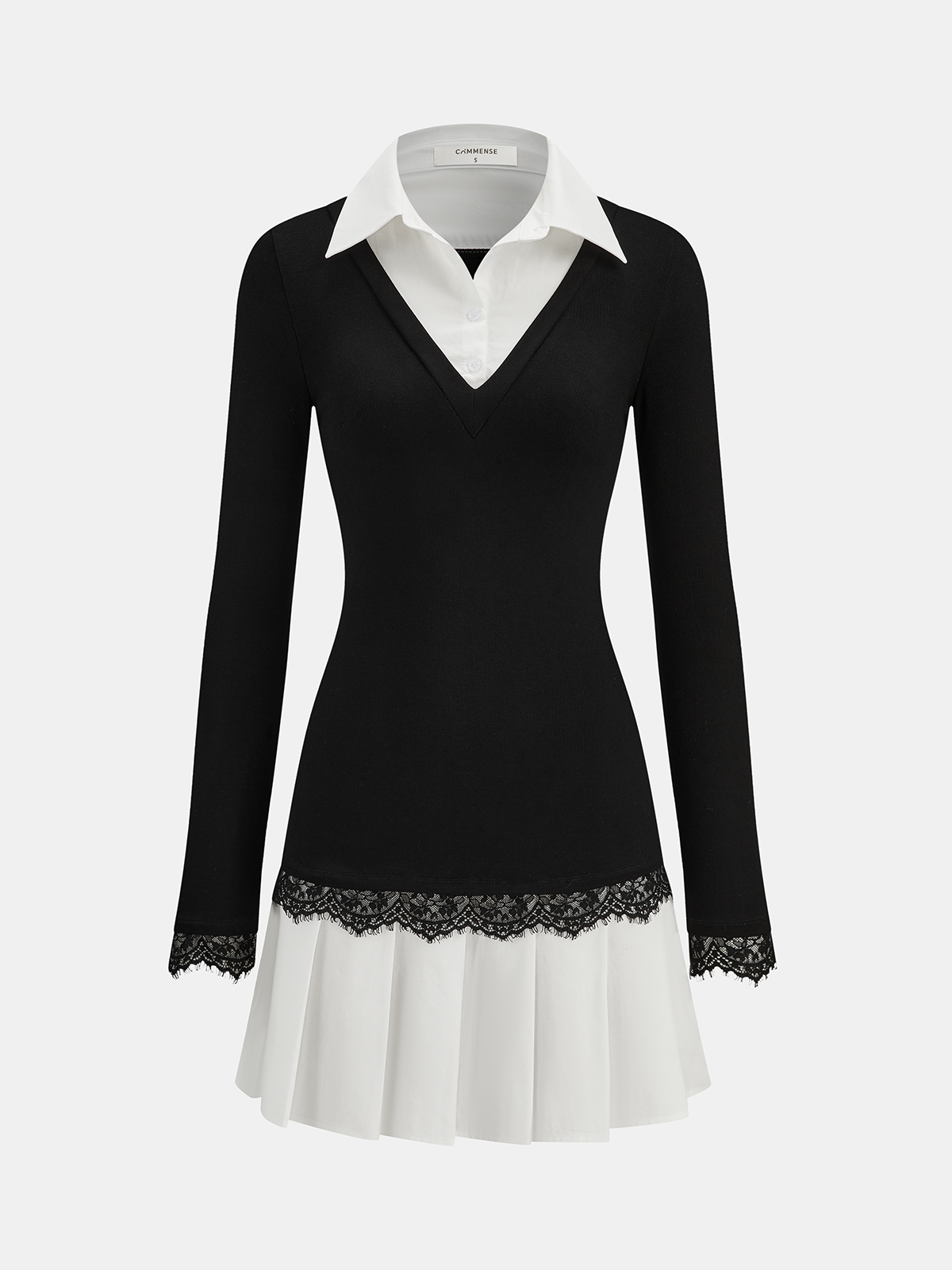 Color-Block Collared Pleated Lace Detail Mini Dress