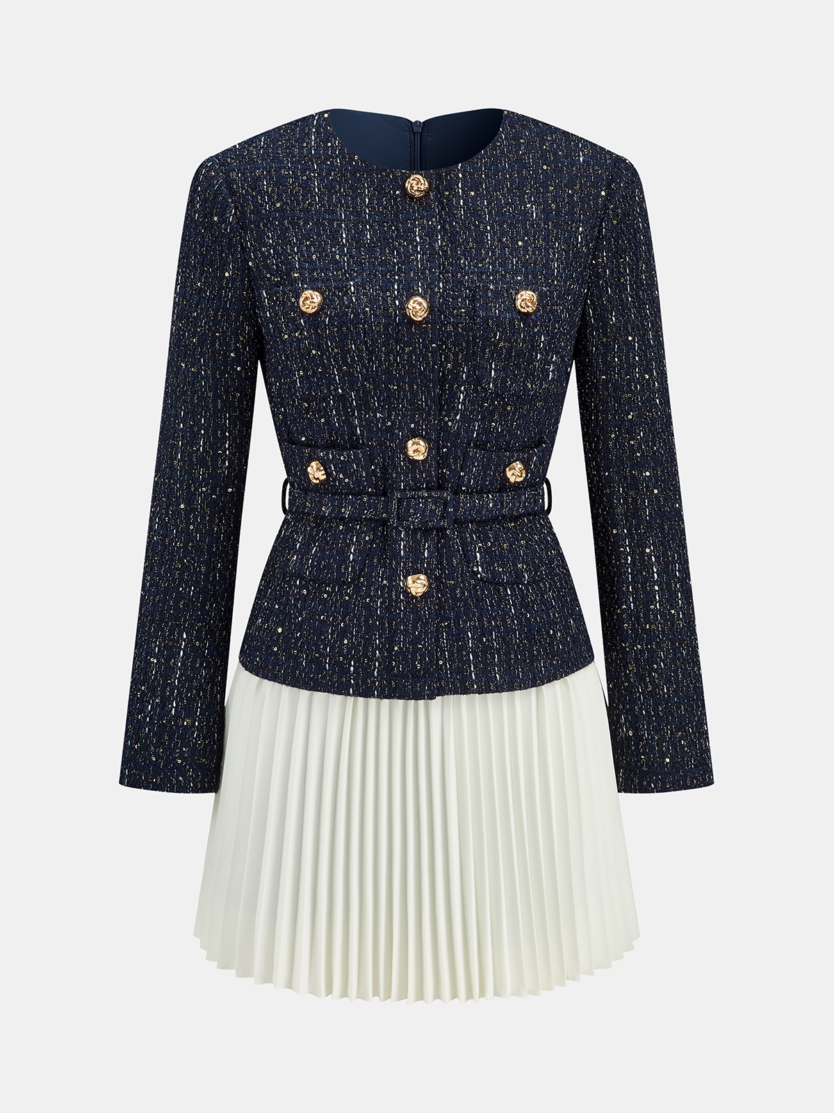 Pleated Hem Panel Tweed Belted Mini Dress