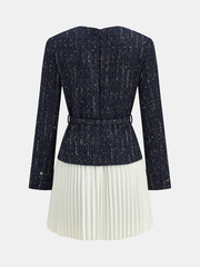 Pleated Hem Panel Tweed Belted Mini Dress