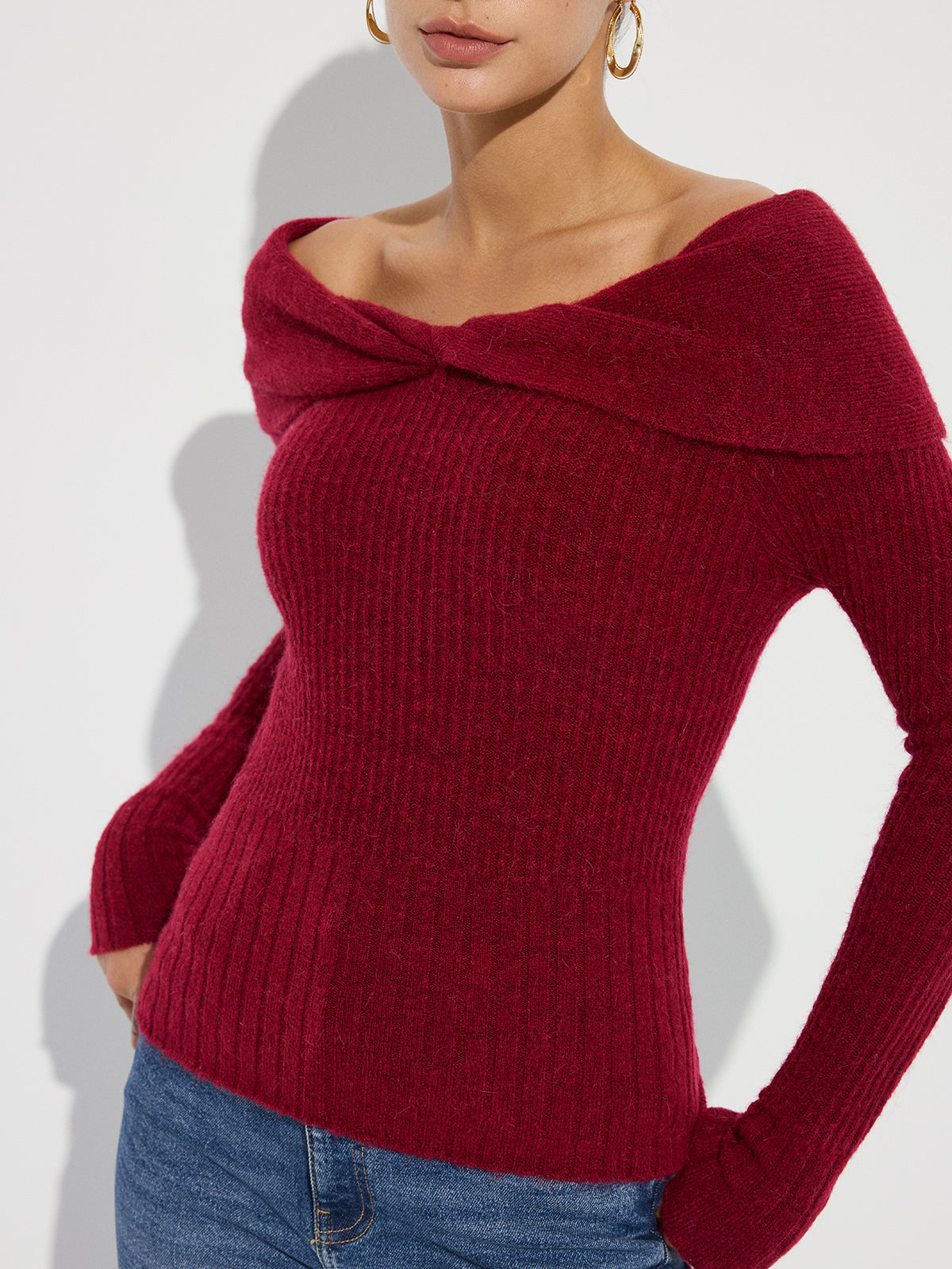 Wool Blend Twisted Off-Shoulder Knit Sweater