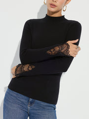 Mock Neck Lace Cuff Knit Top