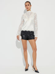 Mock Neck Lace Paneled Satin Blouse