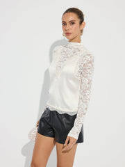 Mock Neck Lace Paneled Satin Blouse