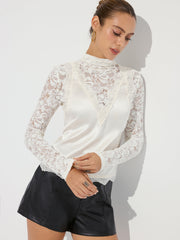 Mock Neck Lace Paneled Satin Blouse