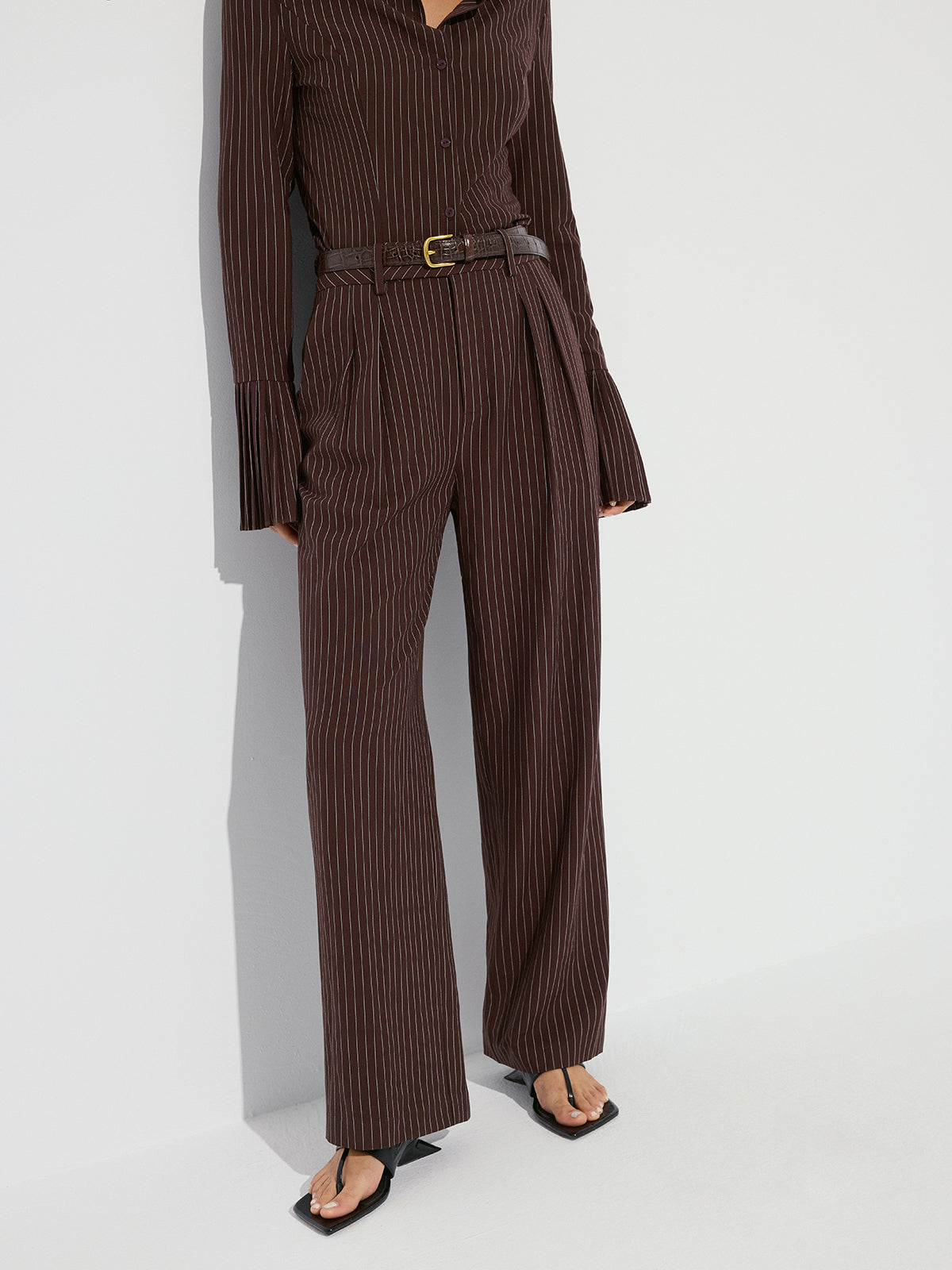 Striped Pleated Wide-Leg Pants without Belt