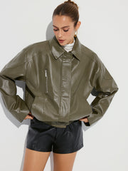 Collared Zipper PU Leather Jacket