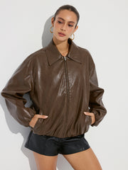 Zip-Front Collared PU Leather Jacket