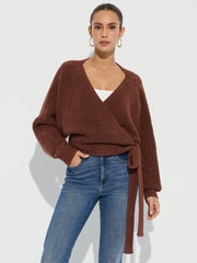 Wool Blend V-Neck Wrap Knit Top