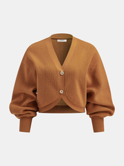 Cropped V-Neck Puff Sleeve Cardigan