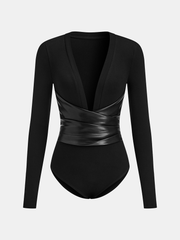 Faux Leather Wrap Waist V-Neck Bodysuit