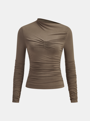 Asymmetric Neck Ruched Long Sleeve Top