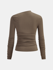 Asymmetric Neck Ruched Long Sleeve Top