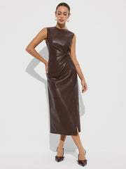 Twisted Faux Leather Sleeveless Slit Midi Dress