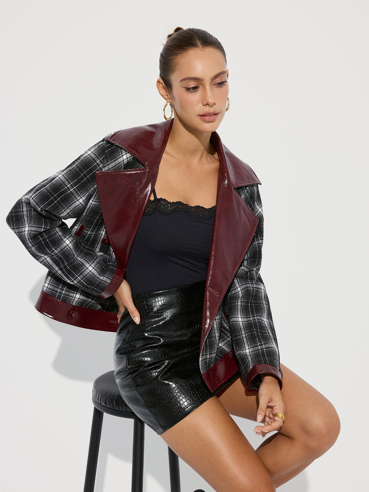 Faux Leather Panel Plaid Short Coat