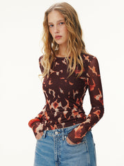 Leopard Print Mesh Fitted Long-Sleeve Top