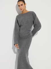 Knit Button Detail Top and Maxi Skirt Set