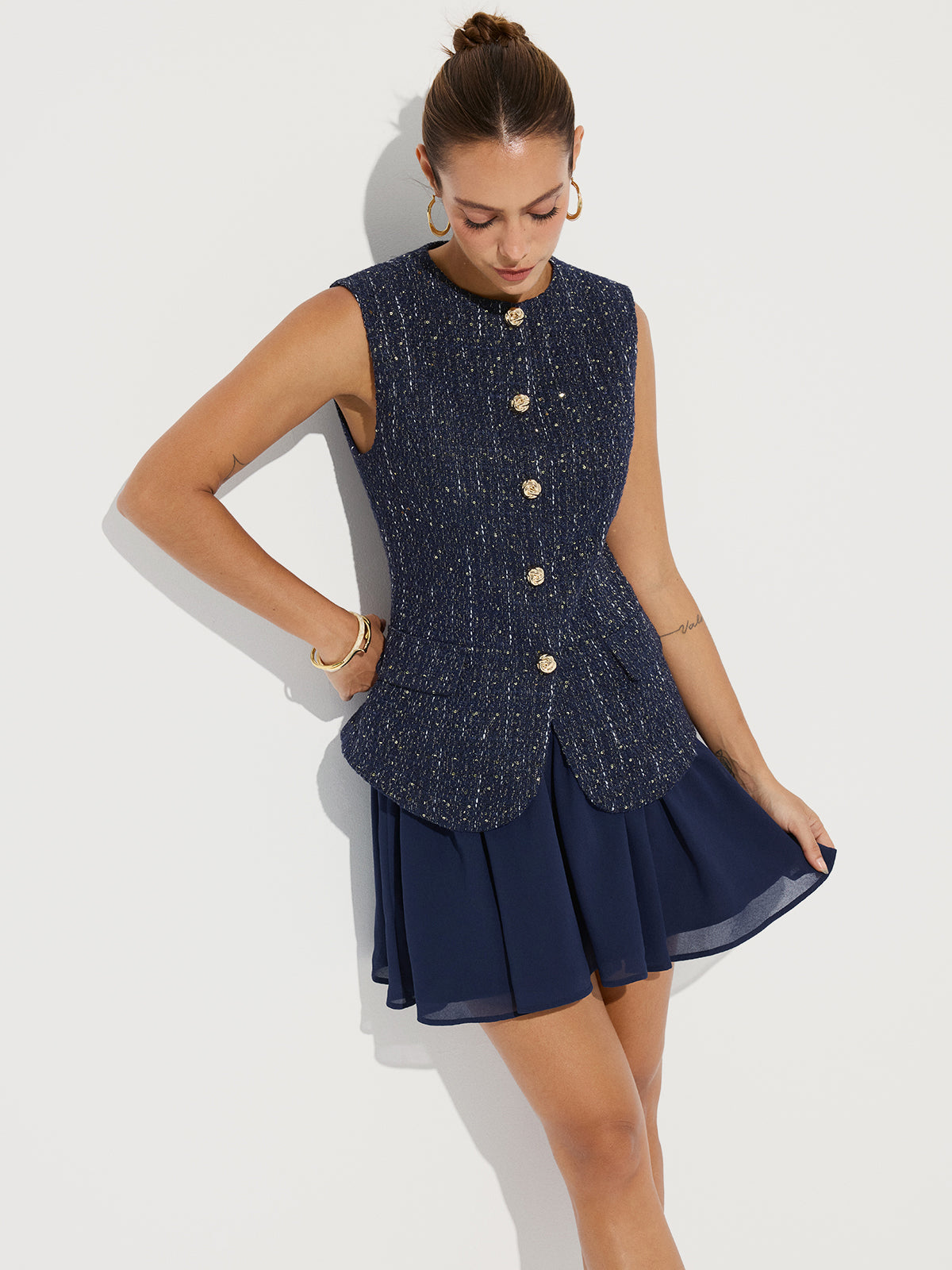 Tweed Sleeveless Top and Chiffon Mini Skirt Set