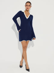 Wool Blend Collared V-Neck Horsebit Mini Dress