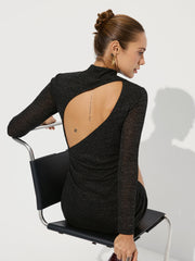 Long Sleeve Backless Glitter Knit Mini Dress