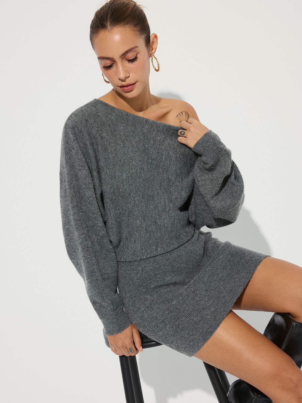 Asymmetric Off-Shoulder Knit Mini Dress