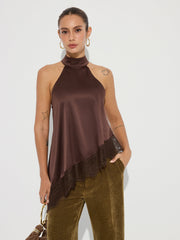 Asymmetric Lace Hem Satin Halter Top