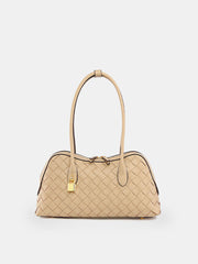 Golden Lock Detail Woven Shoulder Bag