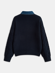 Denim Panel Polo Collar Cable Knit Sweater