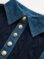 Denim Panel Polo Collar Cable Knit Sweater