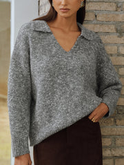 Wool Blend Collared V-Neck Sweater