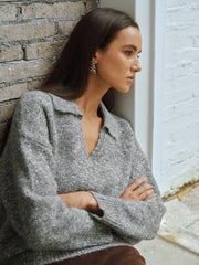 Wool Blend Collared V-Neck Sweater