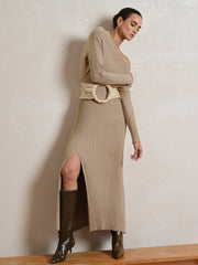Wool-Blend Slit Knit Maxi Dress without Belt
