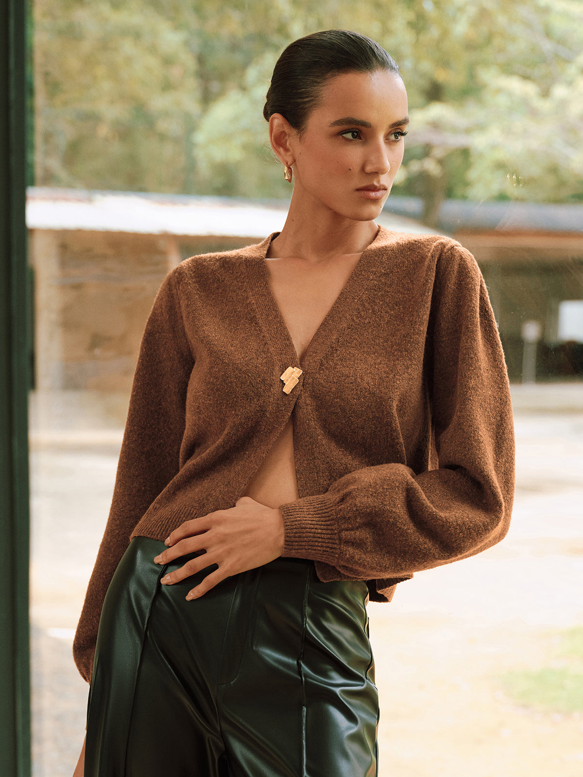 Metal Button V-Neck Knit Cardigan