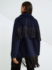 Fringe Detail Wool-Blend Collared Coat